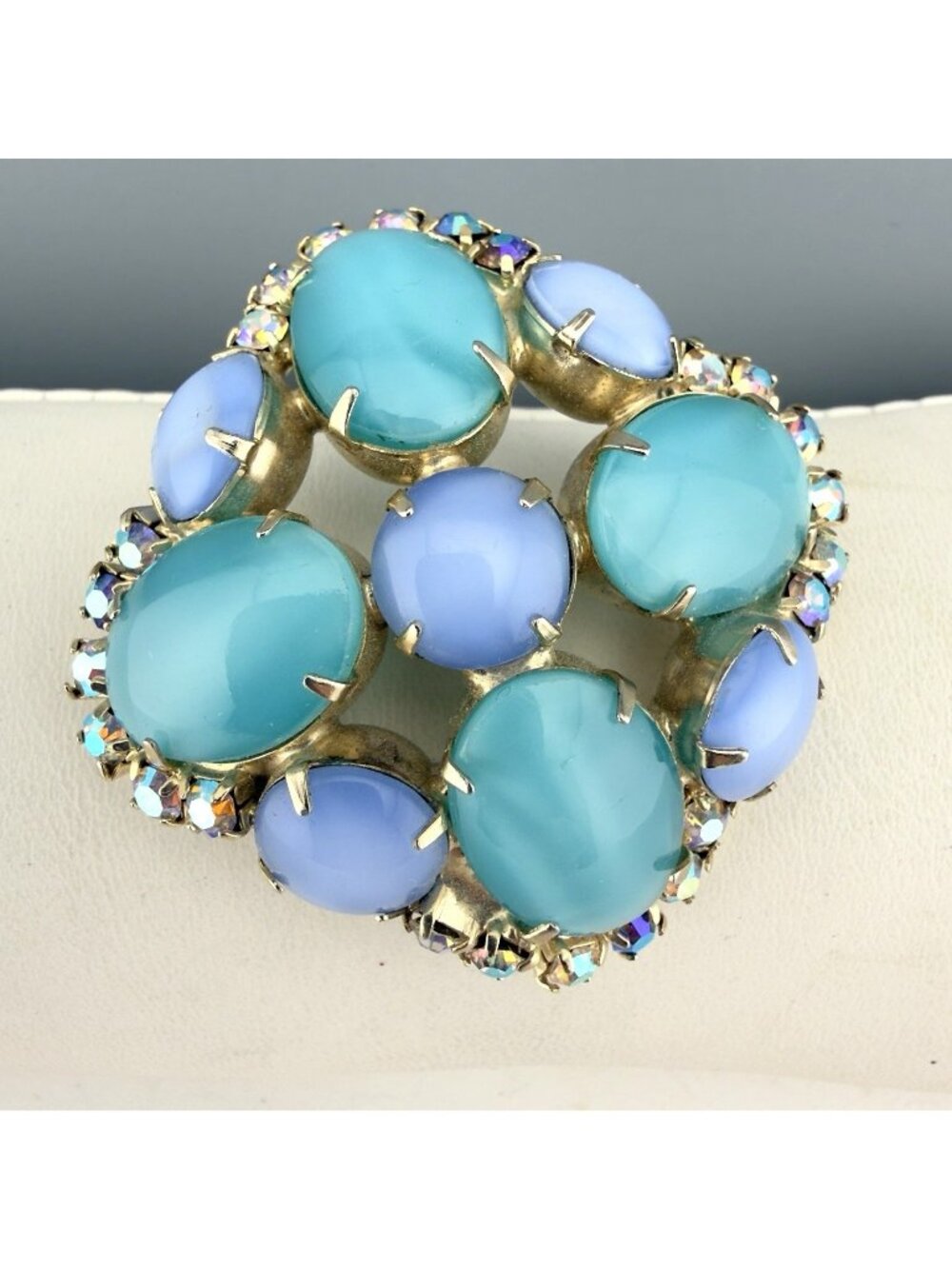 Vintage Moonstone Brooch Blue Green Rhinestone Aurora Borealis